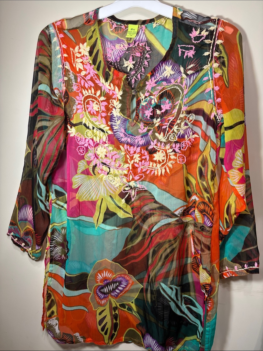 Vibrant Multicolor Floral Sheer Swimsuit  Coverups 100% SILK